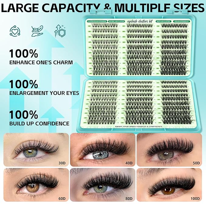 Wispy Lash Clusters Kit, D Curl Lashes Clusters Natural Look 9-16mm Individual Super Thin Band DIY Cluster Eyelash Extensions Kit with Bond Seal Tweezers Brush Remover (30D 40D 50D Mix)