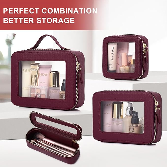 Pinkmik Clear Makeup Bag with Brush Bag 2pcs Waterproof Travel Case for Cosmetics and Toiletries Women's Cosmetic Organizer with Zipper (X/Burgundy, L+SLIM)