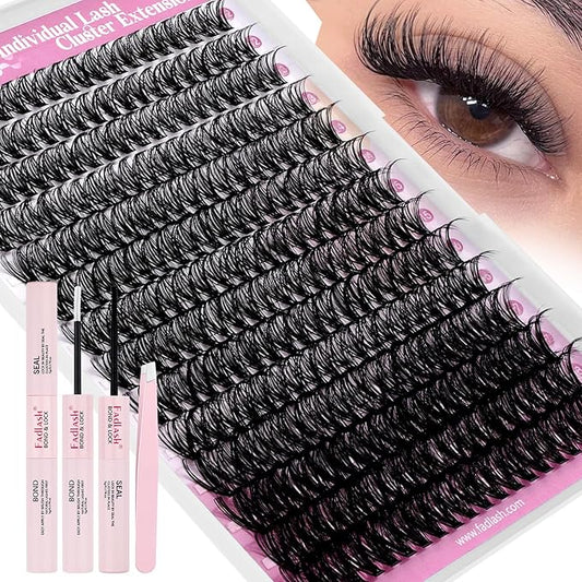 FADLASH Lash Clusters Kit Lash Extensions Individual Lashes D Curl 12-18mm Eyelash Clusters with Lash Bond and Seal Lash Tweezers Natural Lash Clusters Kit 280Pcs