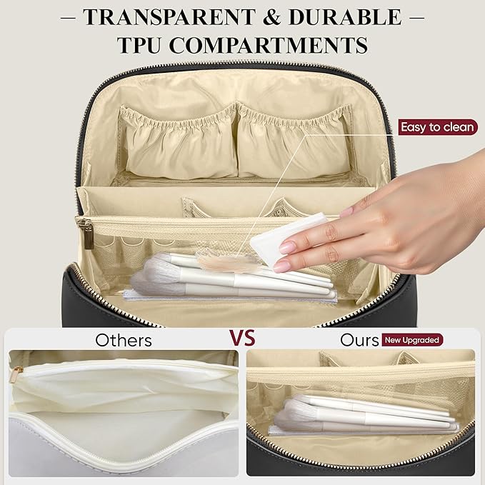 Travel Makeup Bag, Large Capacity Cosmetic Bags for Women, Waterproof Portable Pouch Open Flat Make up Organizer Bag with Dividers and Handle, Toiletry Bag for Essentials