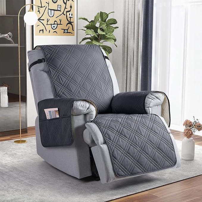 TAOCOCO 100% Waterproof Recliner Chair Covers, Non Slip Recliner Covers for Recliner Chair with Pocket, Washable Reclining Chair Cover Furniture Protector for Kids,Dogs(22'', Dark Grey)