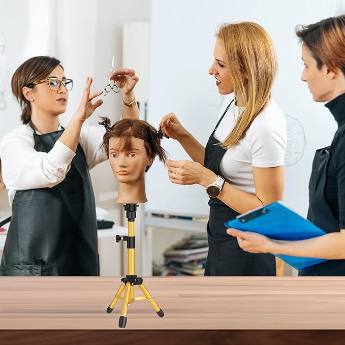 Wig Stand Tripod, 25 Inch Adjustable Mannequin Head Stand, Wig Head Stand for Training Heads And Canvas Block Head (Golden, Mannequin Head Not Included)