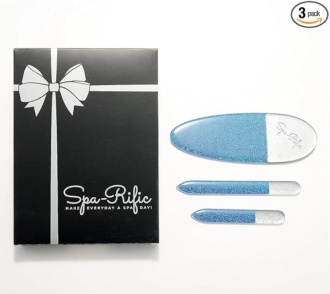 Spa-Rific 3pc Nano File Set: Professional Heavy Duty Glass Nail Files with Case Kit - Reusable Crystal Fingernail Manicure and Pedicure Tools for Men, Women, and Adults (Blue Shimmer)