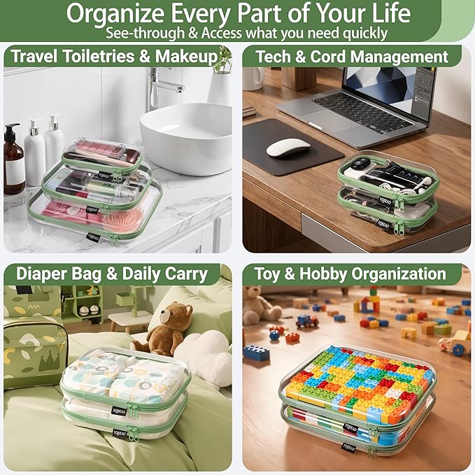 YQBRAO 4-Pack Clear Hard Shell Zipper Case, 1.2mm Ultra-Thick Diaper Bag Organizer Pouches, Rigid Self-Standing Travel Makeup Bags with YKK Zippers, TSA Approved, Green