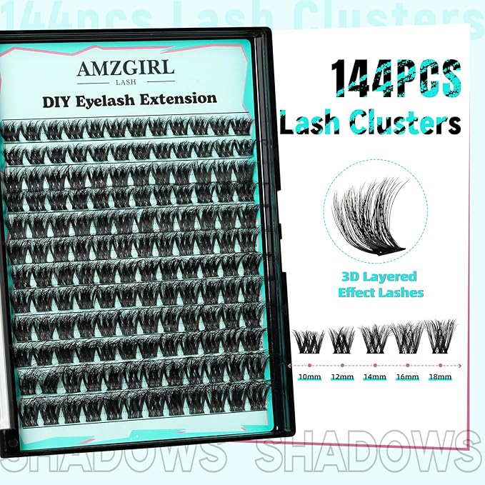 Lash Clusters 3D Effect Cluster Eyelash Extensions 144pcs D Curl Eyelash Clusters False Eyelashes Soft Comfortable Individual Lashes DIY Lash Extensions with Thin Band (Shadows, D-10-18mm)