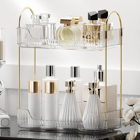 YCIA&DONE Bathroom Organizer Countertop, Makeup Storage, Skincare Cosmetic Tray Shelf, Perfume Holder Rack for Vanity Counter, Large Capacity, Easy to Install, Clean, 2 Tiers, Clear White