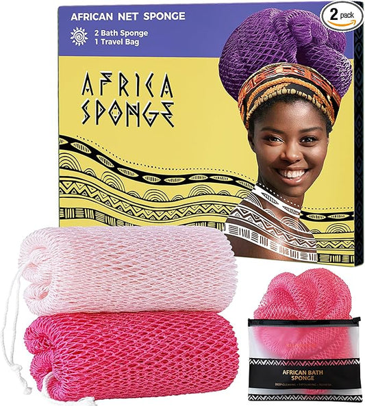 African Net Sponge Authentic - 2 Pieces Body Exfoliator Bath Sponge - Exfoliating Washcloth Back Scrub for Shower - Face & Skin Care, Travel Portable, Durable (Baby Pink & Pink)