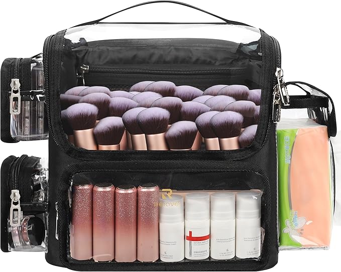 TANTO Makeup Brush Bag, Clear Makeup Case Large Portable Cosmetic Organizer Bag Professional Makeup Artist Bags Travel Cosmetic Train Case with Adjustable Dividers & Strap, Easy to Clean