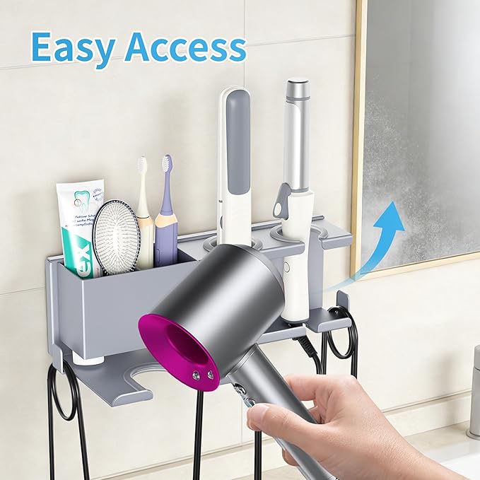 Blow Dryer Holder, 2 Installation Methods (Adhesive & Screws) Hair Dryer Holder Wall Mounted, Metal Hair Tool Organizer for Curling Iron, Straightener, Bathroom Wall Organizer, Gray