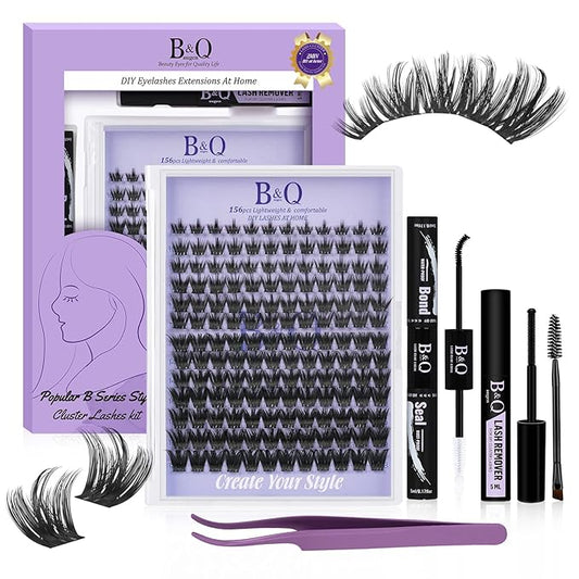 B&Q Wispy Lash Clusters Kit B04, DIY Lash Extension Kit 156PCS Eyelash Extension Kit, Soft Natural Lash Clusters 8-18MIX D Curl Lash cluster, Thin Black Band Cluster Eyelash Extensions (B04 Set)