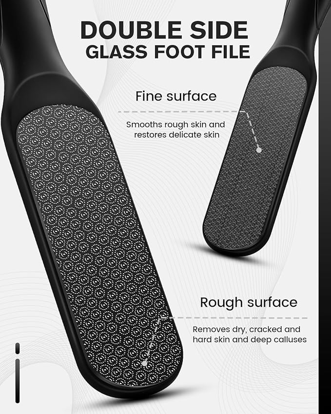 FERYES Dual-Sided Glass Foot File – Long Handle Foot Scrubber for Dead Skin, Cracked Heel Repair, Pedicure Tools for Callus Removal, Glass Pumice Stone Foot Scraper - Black