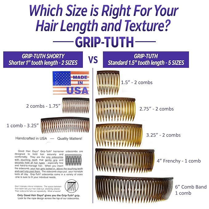 Good Hair Days Grip-Tuth Combs - 2 3/4" Side Combs, For All Types Of Hair, Decorative & Styling Women Accessories - Tortoise Shell, Set Of 2
