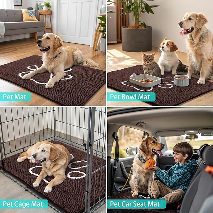 Smiry Dog Door Mat for Muddy Paws, Absorbent Dirt Trapper Non Slip Quick Dry Washable Chenille Mat for Mud Dogs, Entry Rug for Indoor and Outdoor (48x30 Inches, Brown and White)