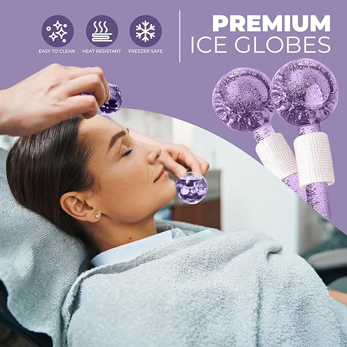 Ice Globes for Face 2Pcs – Freezer Safe Ice Globes for Facials, Skin Tightening & Anti-Aging – Reusable Facial Ice Globes for Puffiness & Wrinkles of Face, Neck & Eyes – Purple