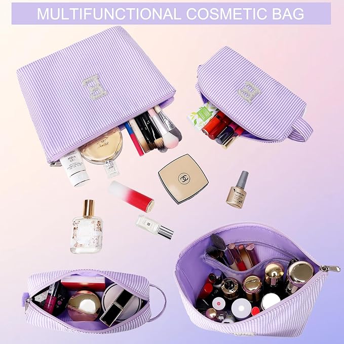2 Pieces Makeup Bag Set Cute Cosmetic Pouch for Girls Women Stripe Travel Toiletry Bag Makeup Purse Pouch Aesthetic Skincare Brushes Storage Organizer for Christmas Women(Purple L)