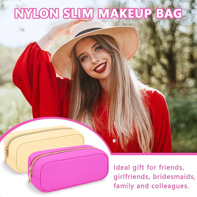 Iqimott Hot Pink Makeup Bag Nylon Small Makeup Bag, Preppy Slim Cosmetic Bag Compact Makeup Brush Pouch Toiletry Bag, Waterproof Zipper Purse Travel Coin Pouch Storage Bag for Women Girls Teens