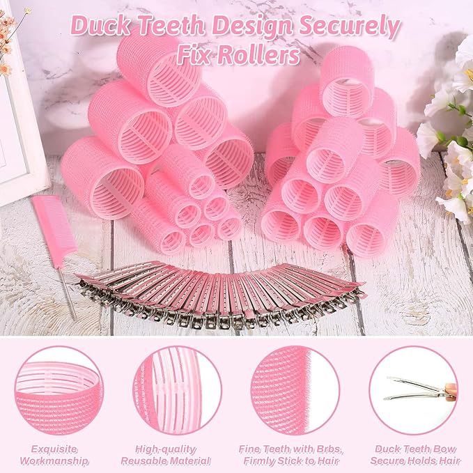 50 Pcs Rollers Hair Curlers Set with 24Pcs Self Grip Hair Rollers 4 Sizes and 24 Pcs Clips for Blowout Look Long Medium Short Thick Hair Volume