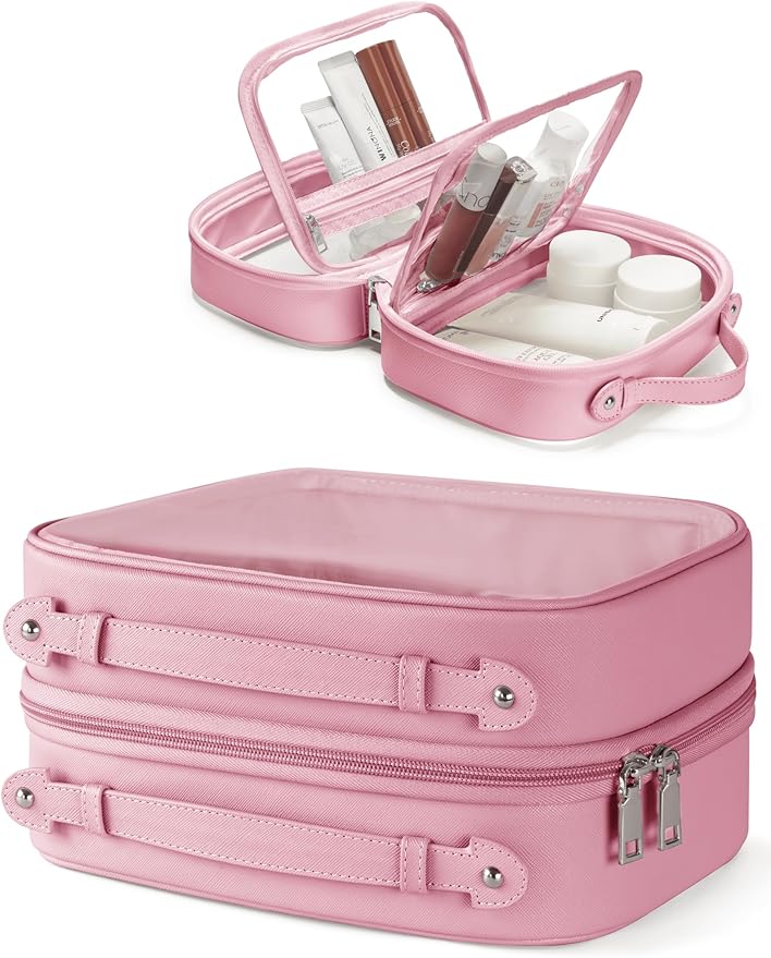 Oaque Clear Cosmetic Bag Double Layer Travel Toiletry Bag Clear Makeup Bag Case with 4 Compartments, Transparent Travel Bag for Toiletries, Large Toiletry Bag for Women Cosmetic Case (Pink, Large)