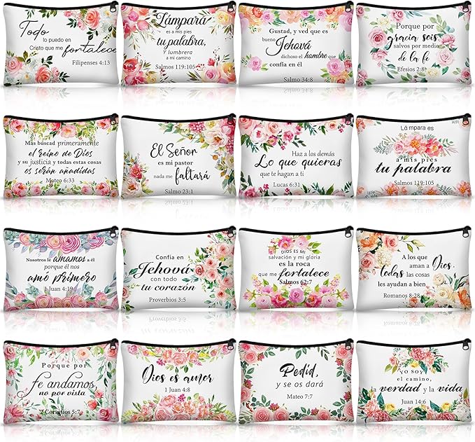 Pinkunn 16 Pcs Valentines Canvas Makeup Bags Bulk Inspirational Christian Women Religious Galentine Gifts Inspirational Bible Verse Pencil Pouch Makeup Bags with Zipper for Travel(Spanish Floral)