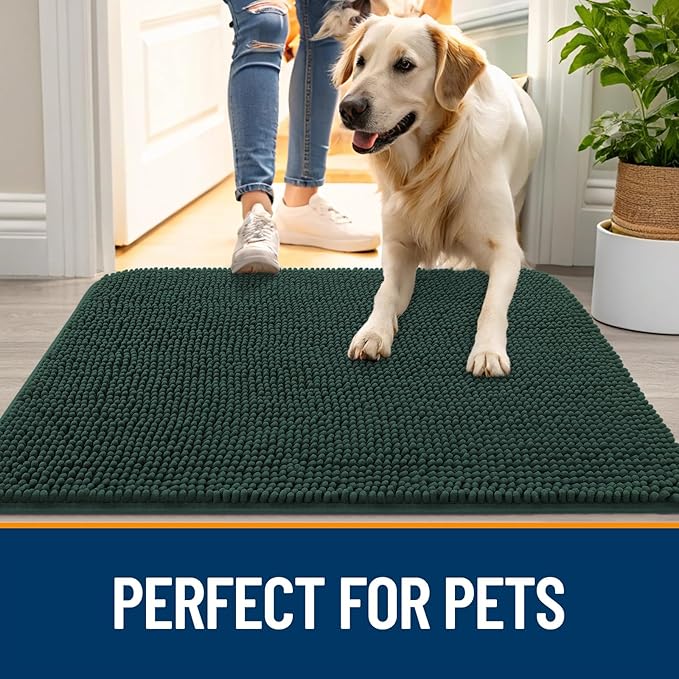 OLANLY Dog Door Mat for Muddy Paws 45x27, Absorbs Moisture and Dirt, Absorbent Non-Slip Washable Doormat, Quick Dry Chenille Mud Mat, Entry Indoor Entryway Carpet for Inside Floor, Blackish Green