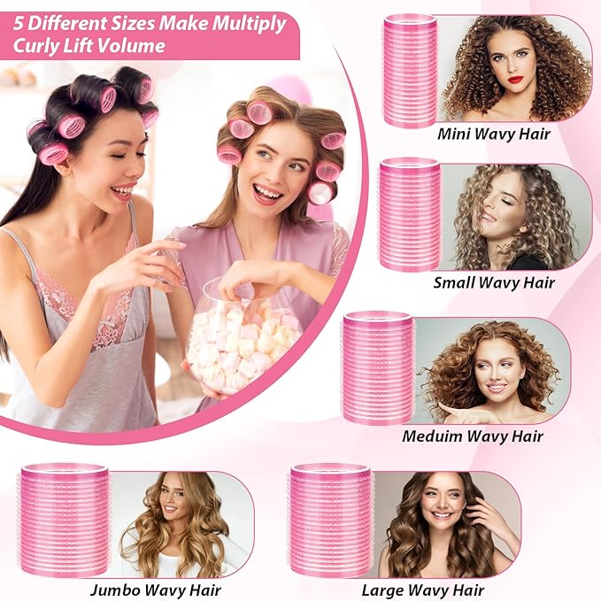 65 PCS Hair Curler Rollers with 5 Sizes Self Grip Hair Rollers for Long Medium Short Thick Fine Thin Bangs Volume Hair, Jumbo Curlers Rollers with Storage Bag Teasing Brush