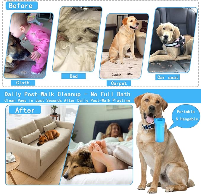 Dog Paw Cleaner Kit for Medium & Small Dogs - Quick Clean No Full Bath, 2-in-1 Paw Wash Cup with Detachable Silicone Brush Head, Includes Bath Brush & 3 Absorbent Towels, Blue