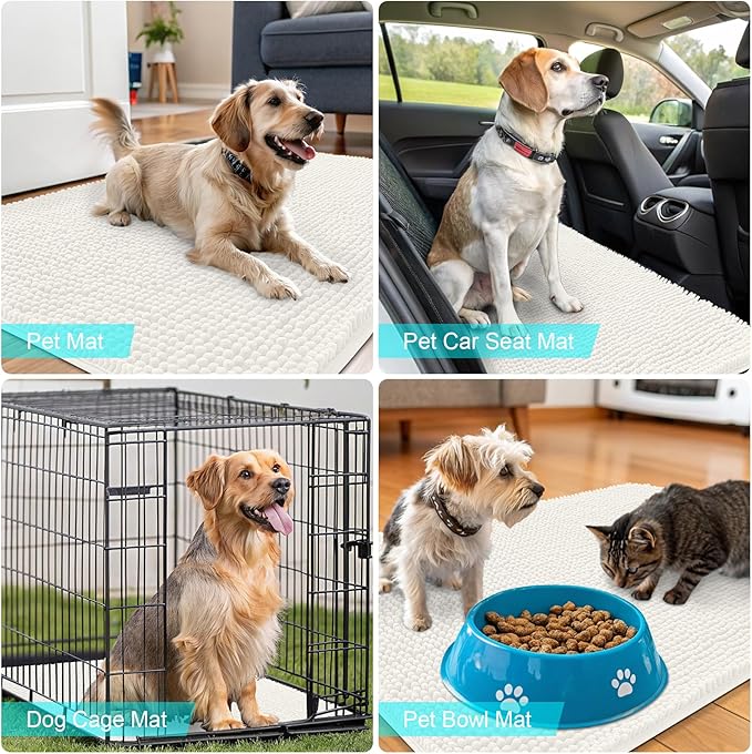 OLANLY Dog Door Mat for Muddy Paws 47x32, Absorbs Moisture and Dirt, Absorbent Non-Slip Washable Doormat, Quick Dry Chenille Mud Mat for Dogs, Entry Indoor Entryway Carpet for Inside Floor, Ivory