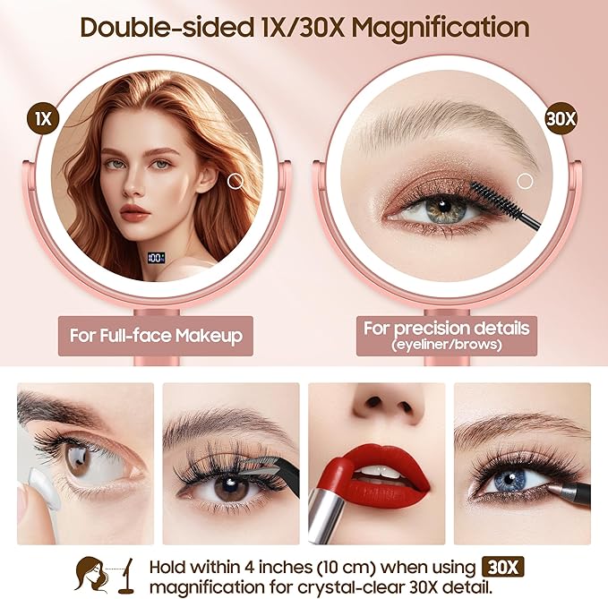 Makeup Magnifying Mirror with Light 30X/1X, Digital Display, 2-Sided Touch Control, Makeup Mirror with 3 Color Lights,360° Rotate, Height Adjustable Lighted Magnifying Mirrors for Desk Travel