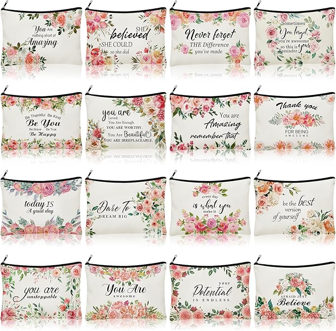 Pinkunn 16 Pcs Valentines Canvas Makeup Bags Bulk Inspirational Christian Women Religious Galentine Gifts Inspirational Bible Verse Pencil Pouch Makeup Bags with Zipper for Travel(Flower)