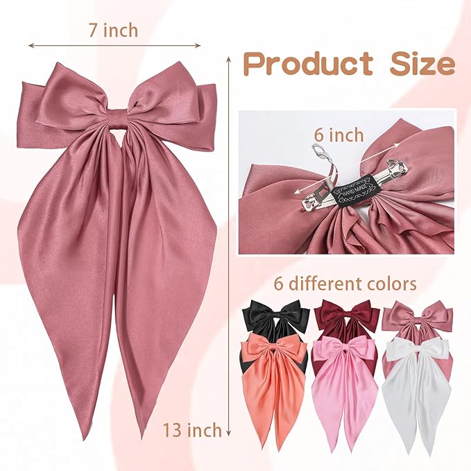 6 PCS Hair Bows for Women, Big Bow Hair Clips for Girls, Silky Satin Hair Bows Clips Oversized Long Tail, Large Cute Aesthetic Hair Accessories, Metal Bow Hair Clips Holiday Gifts Dark Red