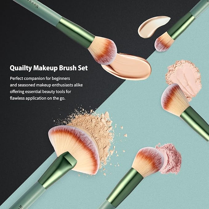 Make Up Brush Sets for Women, NEVSETPO 28PCS Synthetic Makeup Kits Include 24 Makeup Brushes,2 Beauty Blenders, 1 Dual End Masks Spatula, 1 Brush Set Cleaning Mat, Travel-Friendly Makeup Case, Green