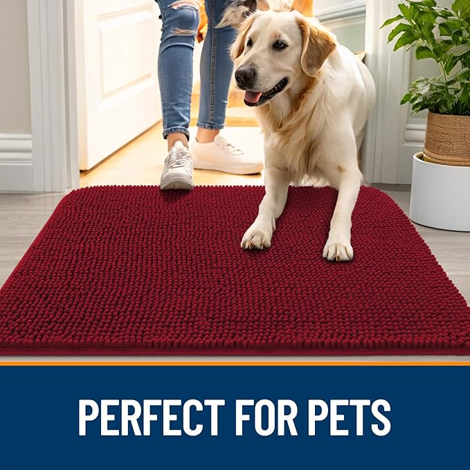 OLANLY Dog Door Mat for Muddy Paws 45x27, Absorbs Moisture and Dirt, Absorbent Non-Slip Washable Doormat, Quick Dry Chenille Mud Mat for Dogs, Entry Indoor Entryway Carpet for Inside Floor, Red