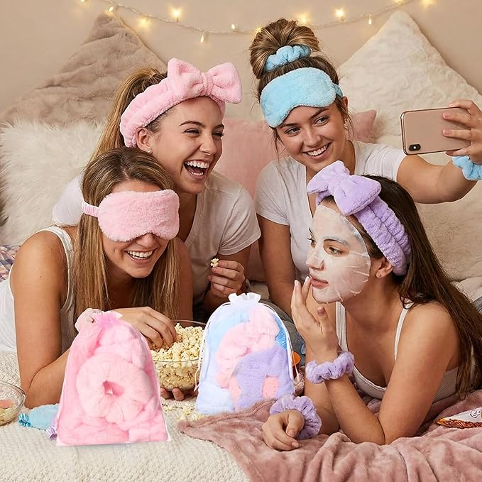 Mimorou 48 Pieces Galentine Spa Party Supplies 12 Spa Headband 12 Plush Sleep Eye Mask 12 Velvet Scrunchies 12 Organza Bags for Sleepover Slumber Party Favors Valentine Gift(Pink,Blue,Purple)