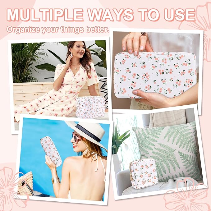 Waterproof Small Floral Pencil Case Makeup Bag for Purse,Cute Flower Pencil Pouch Preppy Nylon Makeup Brush Holder with Zipper,Girls Portable Storage Case Small Pen Bag for Work(Slim White-Flowers)