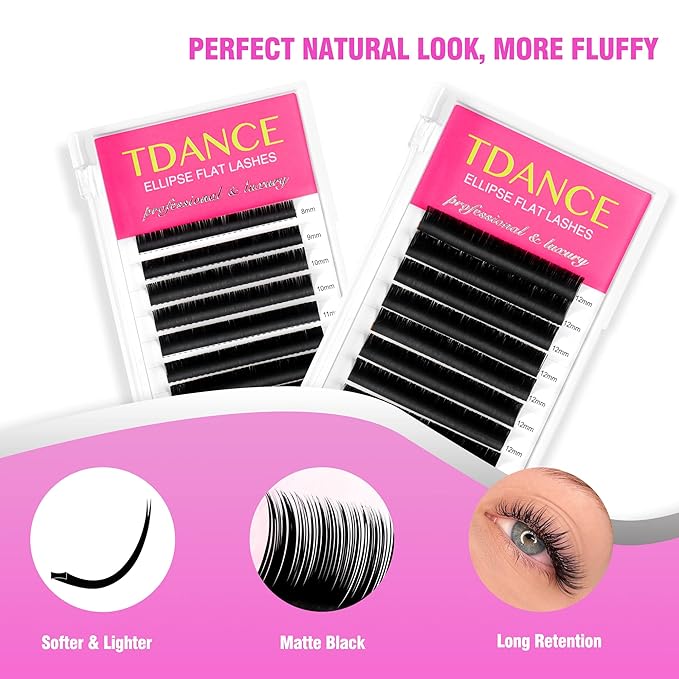 TDANCE Classic Lash Extensions Flat Lashes Eyelash Extensions 0.2mm D Curl Ellipse Eyelash Extensions 15mm Mixed Black Matte Individual Lashes Salon Use(Flat,D-0.2,15mm)