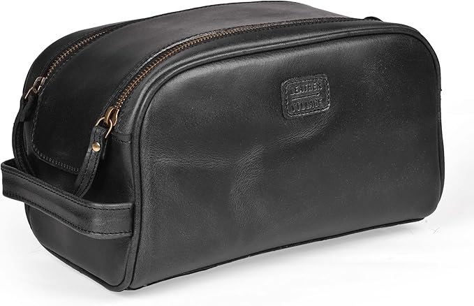 LEATHER VILLAGE Genuine Leather Toiletry Travel Pouch With Waterproof Lining - Black | King-Size Handcrafted Vintage Dopp Kit Bag, Shaving & Bathroom Organizer, Gift for Men & Women