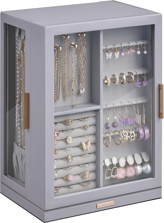 Glimmloop 360° Rotating Jewelry Box with 7 Drawers, Spacious Vertical Jewelry Organizer with Glass Window, Jewelry Storage Case, Dustproof & Moisture-resistant Design, Grey