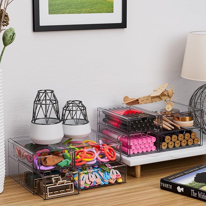 Noverlife Acrylic Hair Accessories Organizer with 4 Drawers, Clear Storage Drawers for Organizing Hair Ties/Jewelry/Sunglass, Stylish Make up Organizer Display & Office Bathroom Desktop Storage Case
