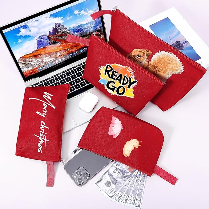 10 Pieces Cotton Canvas Makeup Bag with Bottom and Strap, Multi-Purpose Cosmetic Bag with Zipper Travel Toiletry Pouch, Blank DIY Craft Bag (Red, S)