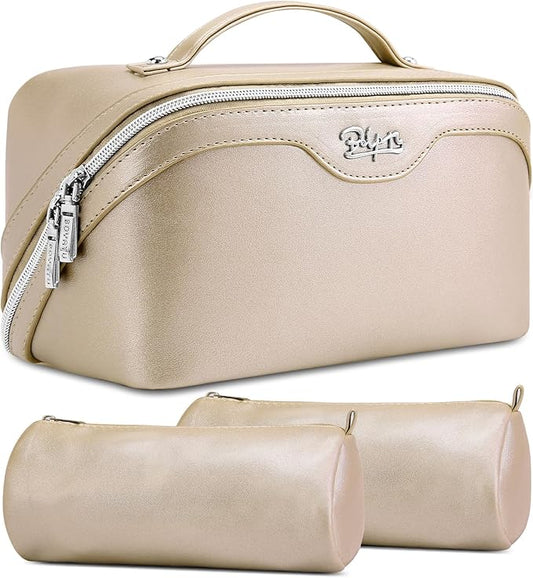 BOYATU Travel Makeup Bag Organizer Cosmetic Bag: 3 Pcs Set Make up Bags for Women with Handle - Waterproof Vegan Leather Toiletry Bags Travel Essentials Pouch with Compartments (C-07-Gold)