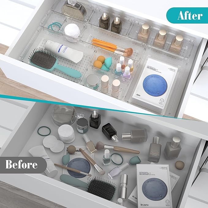23 PCS Clear Plastic Drawer Organizers Set, 4 Size Desk Drawer Organizer Trays for Makeup, Jewelry, Kitchen Utensils, Gadgets and Office Accessories