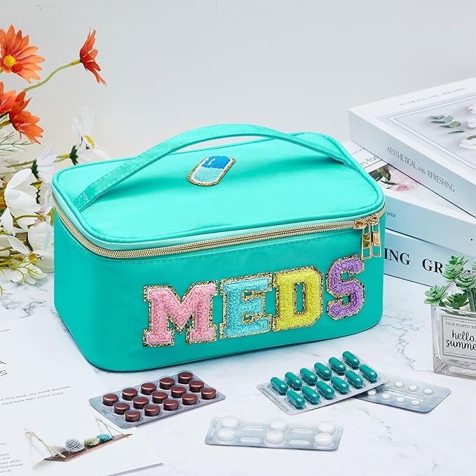 Geetery Clear Makeup Bag Chenille Letter Meds Bag Travel Cases Preppy Patch with Zipper, Portable Cosmetic Toiletry Storage case for Women(Meds,Green)