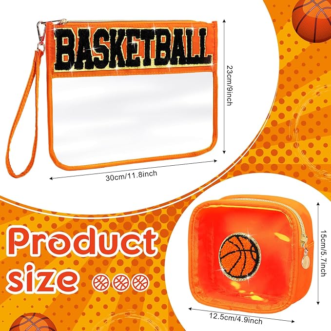 Hillban 2 Pcs Basketball Senior Night Gifts 2026 Makeup Cosmetic Bag Clear Toiletry Purse Chenille Letter Zipper Pouch Basketball Accessories for Women Sport Portable Travel Stuff Storage Case Bags