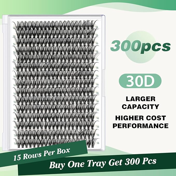 KEYYOU Lash Clusters 300pcs Individual Lashes 30D 0.07D Curl 16mm DIY Eyelash Extension Large Tray Volume Soft&Natural Cluster Lashes(30D-0.07D,16）