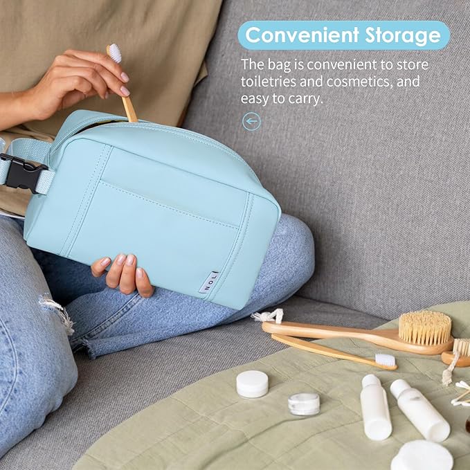 NOL Natural Organic Lifestyle Nylon Waterproof Makeup Bag Lightweight Travel Toiletry Bag for Adults, Reusable, Zip Closure with Buckle Handle, Snack Bag, Travel Cosmetic Bag,Light blue