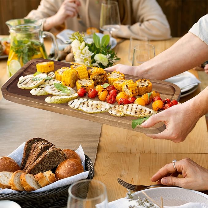 16"x 8" Large Wooden Serving Trays Decor Long Charcuterie Cheese Boards Acacia Wood Kitchen Dinner Platters Rectangular Snack Appetizer Plates for Food Dish Rectangle Party Cookie Dessert Tray