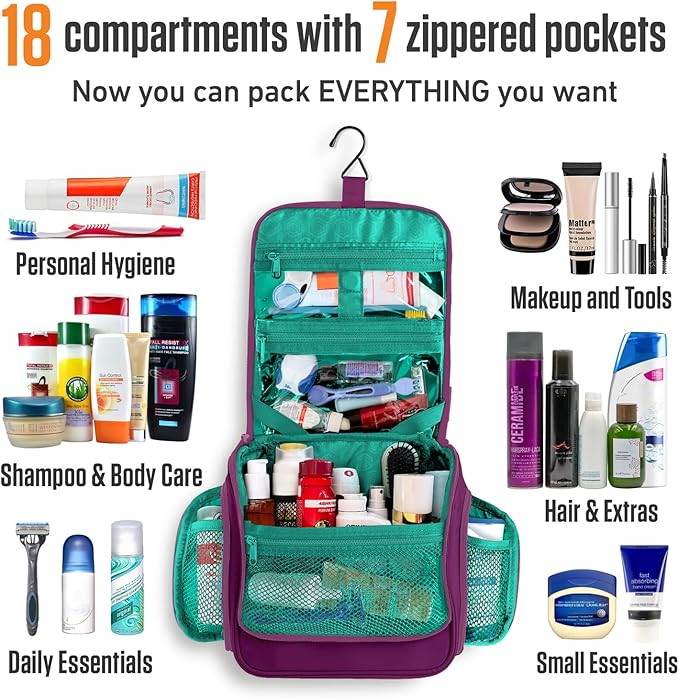 VENTURE 4TH Hanging Travel Toiletry Bag for Women & Men – Large Toiletry Organizer with 18 Compartments, Removable TSA Pouch, Travel Wash Bag for Toiletries, Makeup & Shaving Kit (Purple/Mint)
