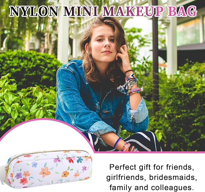 Nylon Floral Small Makeup Bag Slim Pouch, Cute Preppy Makeup Brush Bag Portable Make up Pouch with Zipper, Waterproof Travel Toiletry Bag Coin Purse Storage Organizer for Women Girls(Fringed Iris)