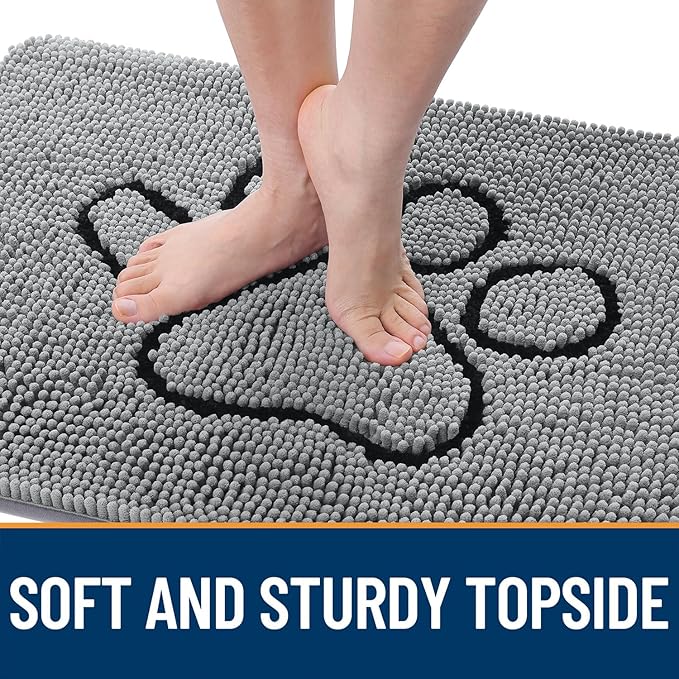 OLANLY Dog Door Mat for Muddy Paws 48x30, Paw Print Design, Absorbs Moisture and Dirt, Absorbent Non-Slip Washable Doormat, Quick Dry Chenille Mud Mat for Dogs, Entry Indoor Entryway Carpet, Grey