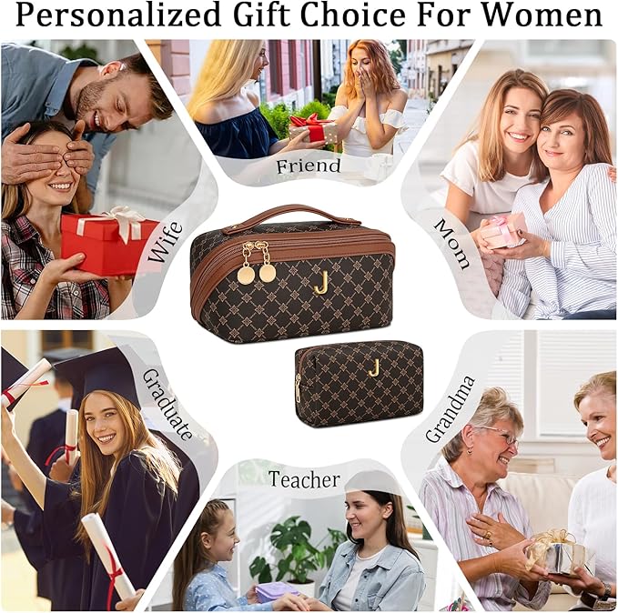 Birthday Gifts for Women Teen Girl, Personalized Initial Makeup Organizer Bag Set, Open Flat Travel Cosmetic Bag With Clear Divider and Handle(Coffee,J)